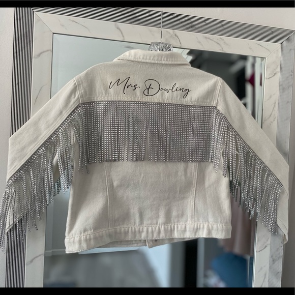 Handmade to order! Bridal denim jean jacket with rhinestone fringe - Picture 4 of 8